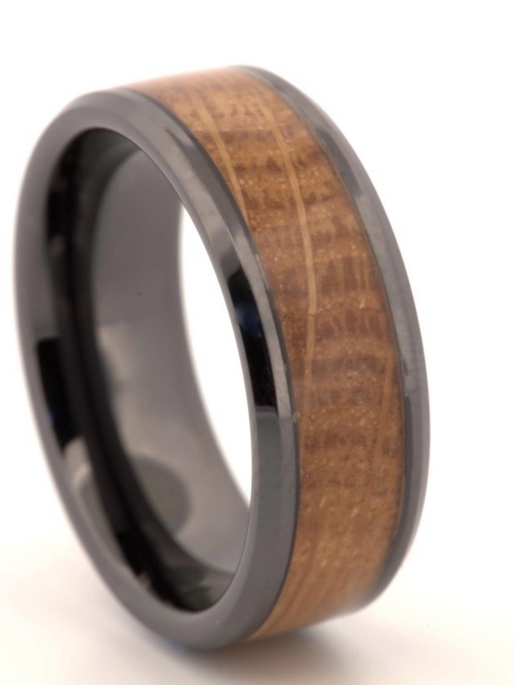 Black Tungsten with Whiskey Barrel inlay Wedding band.